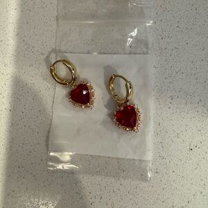Gold Heart drop Earrings with Red Gemstone